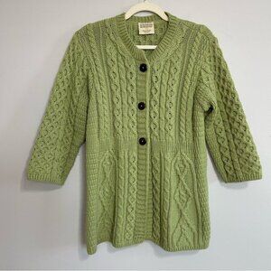 Kilronan Knitwear Green Women's 100% Wool Cable Knit 3/4 Sleeve Cardigan Medium